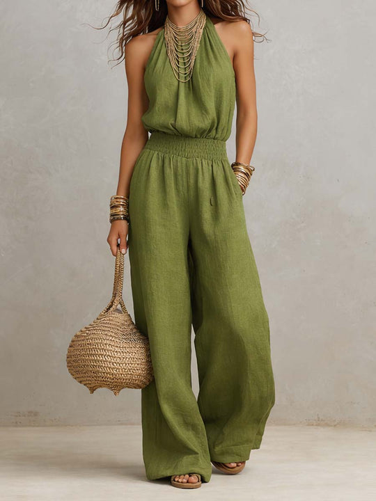 Holly  - Halter Neck Wide Leg Ruched Jumpsuit Warm Weather Wear