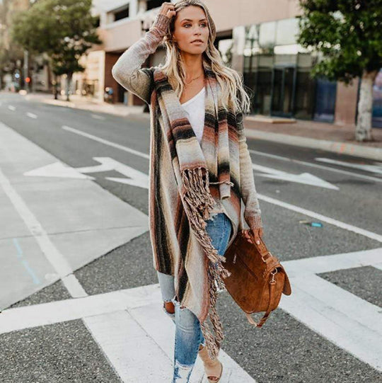 women vintage fringe sweater in beige for autumn wear 2