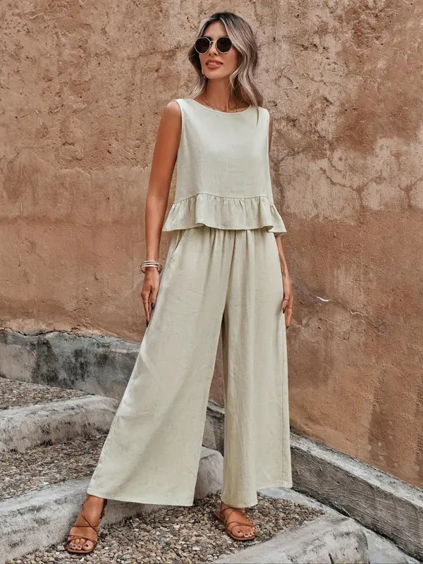 Jacquelyn  - Sleeveless Ruffle Top & Wide Leg Pants Set