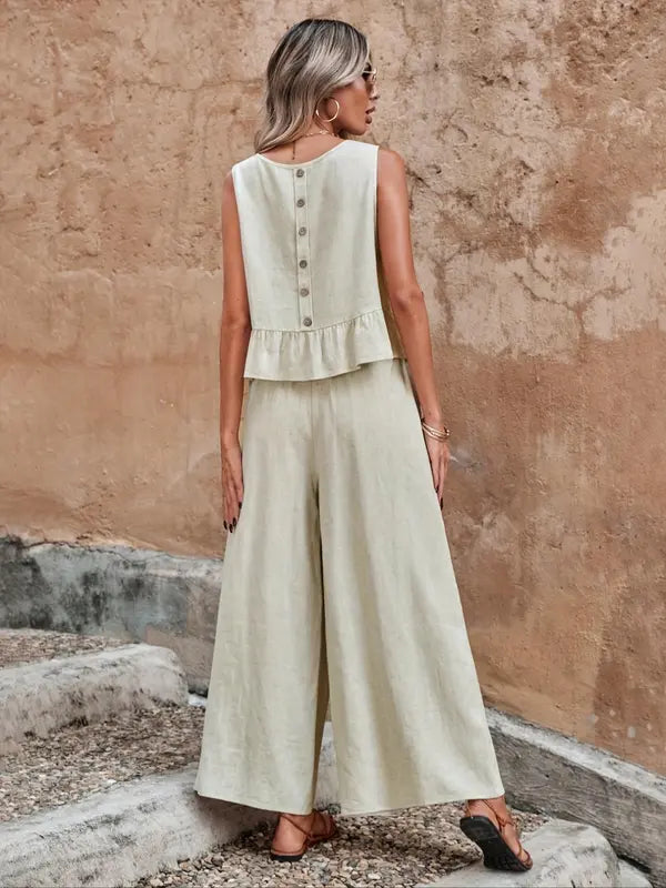 Jacquelyn  - Sleeveless Ruffle Top &amp; Wide Leg Pants Set