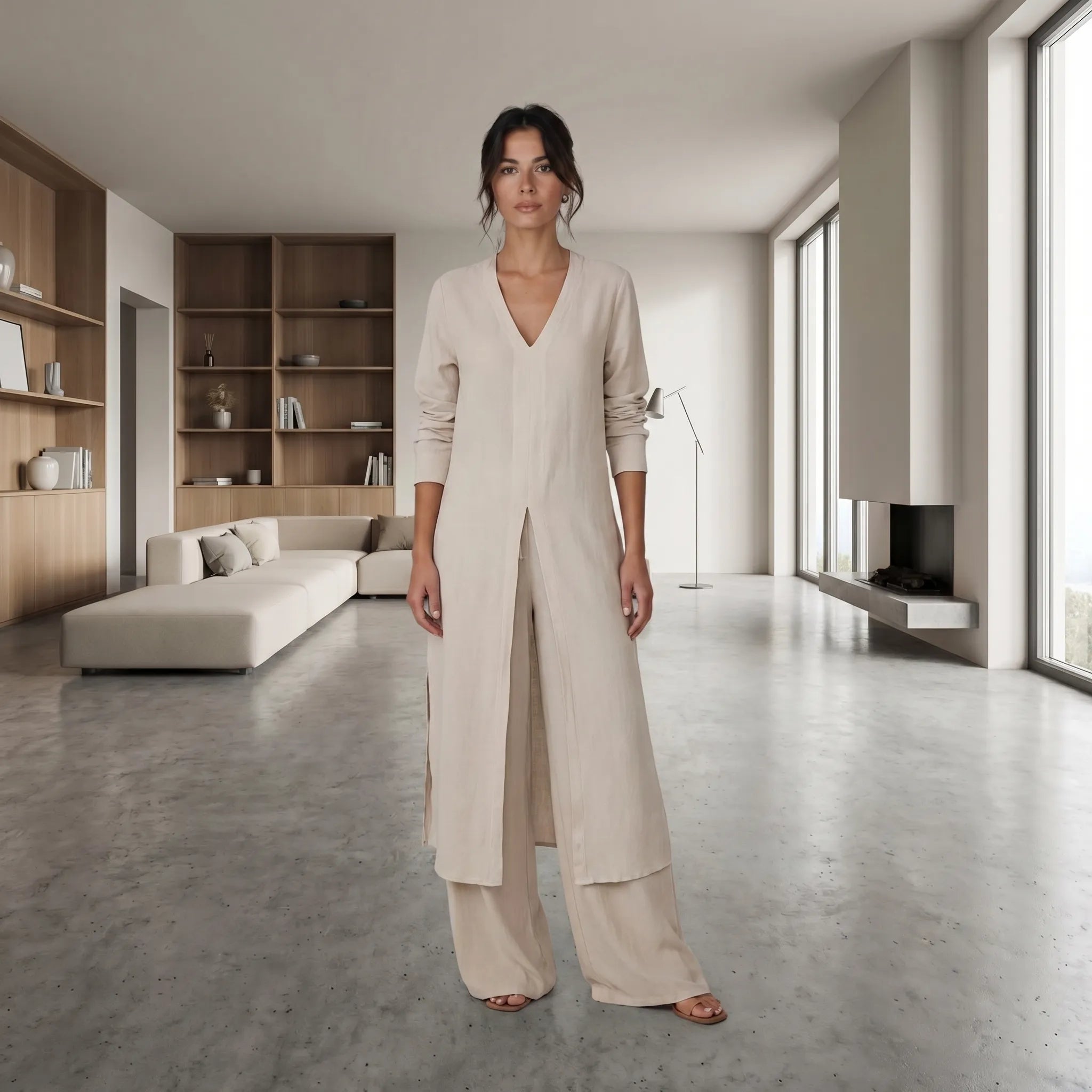 Leah  - Long Split-Front Blouse With Wide-Leg Pants