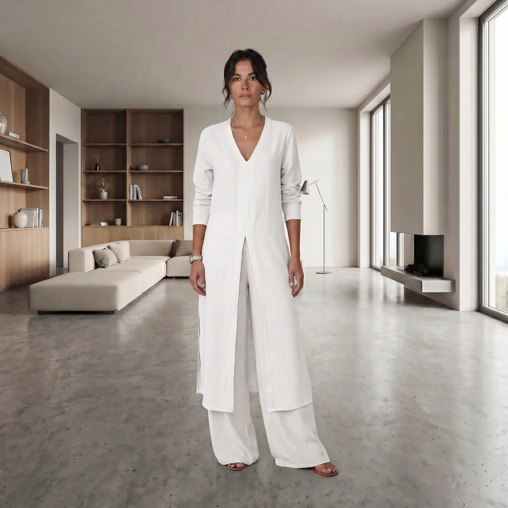 Leah  - Long Split-Front Blouse With Wide-Leg Pants