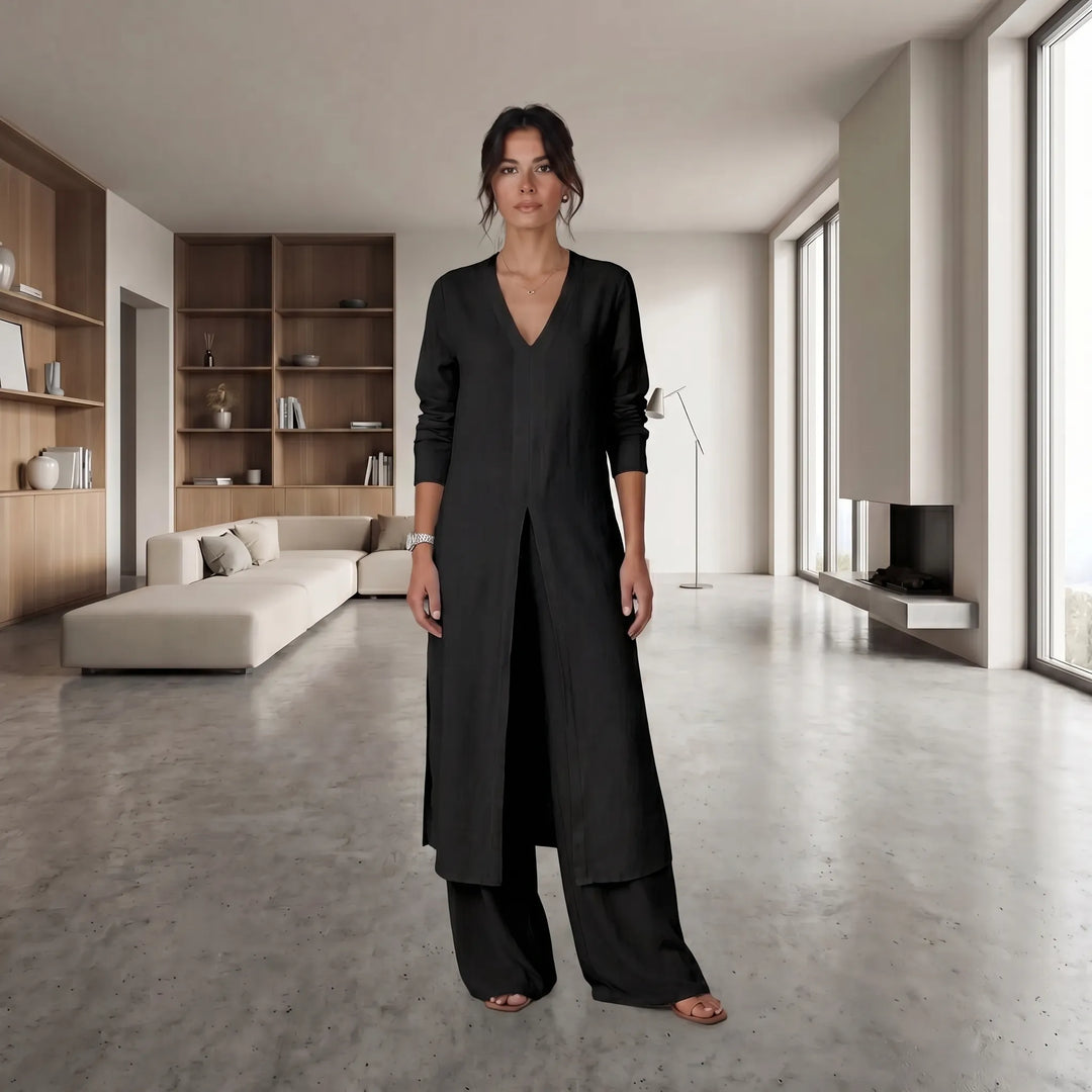 Leah  - Long Split-Front Blouse With Wide-Leg Pants
