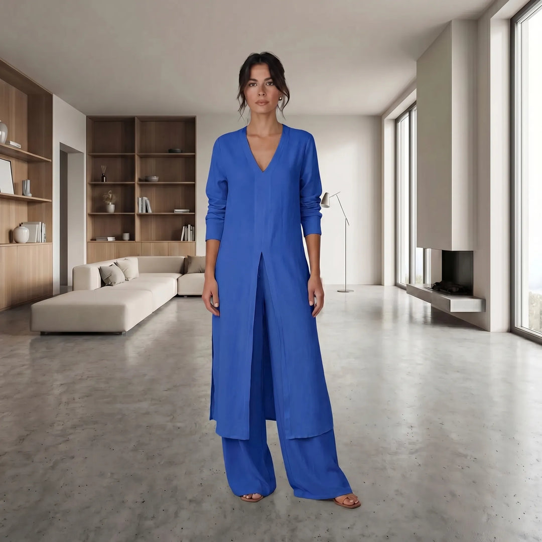 Leah  - Long Split-Front Blouse With Wide-Leg Pants