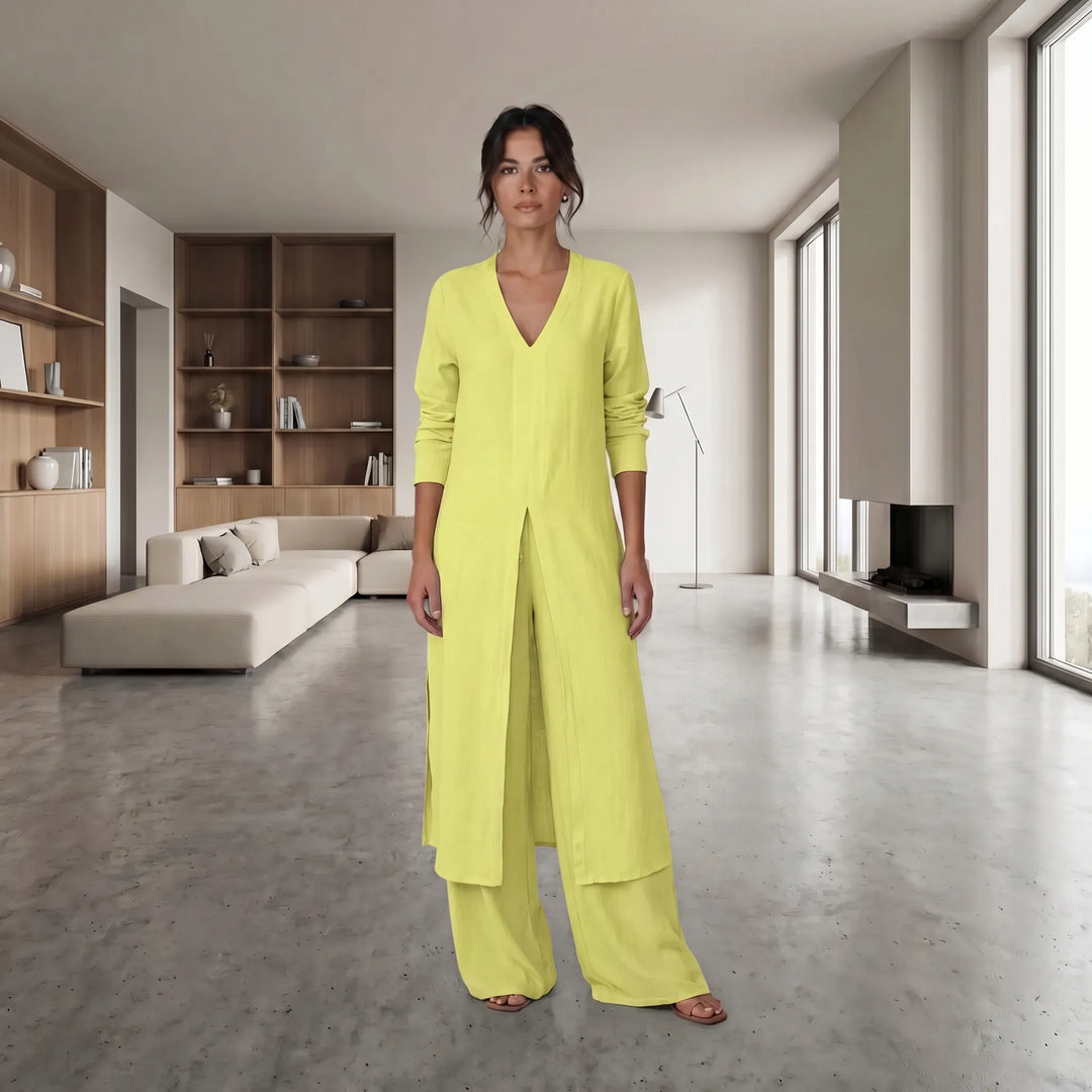 Leah  - Long Split-Front Blouse With Wide-Leg Pants