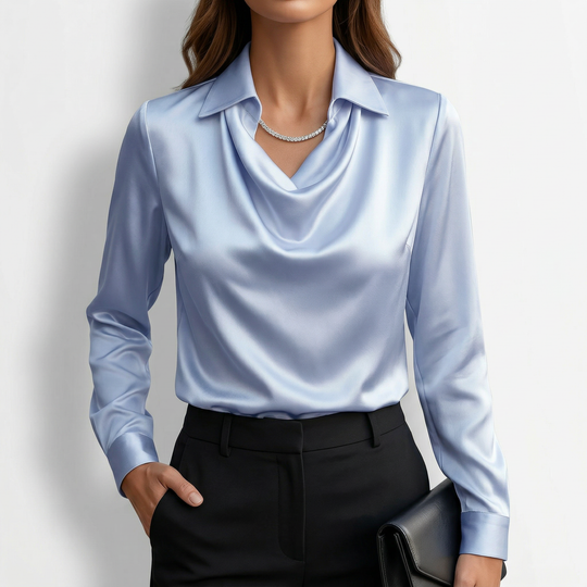 Ronna - Satin Cowl Neck Long Sleeve Blouse-Women’s Blouse-Noble Wears-Blue-S-NW