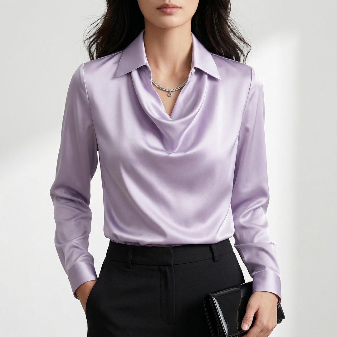 Ronna - Satin Cowl Neck Long Sleeve Blouse-Women’s Blouse-Noble Wears-Purple-S-NW