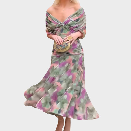 women flowing dress in off-shoulder for formal events 1