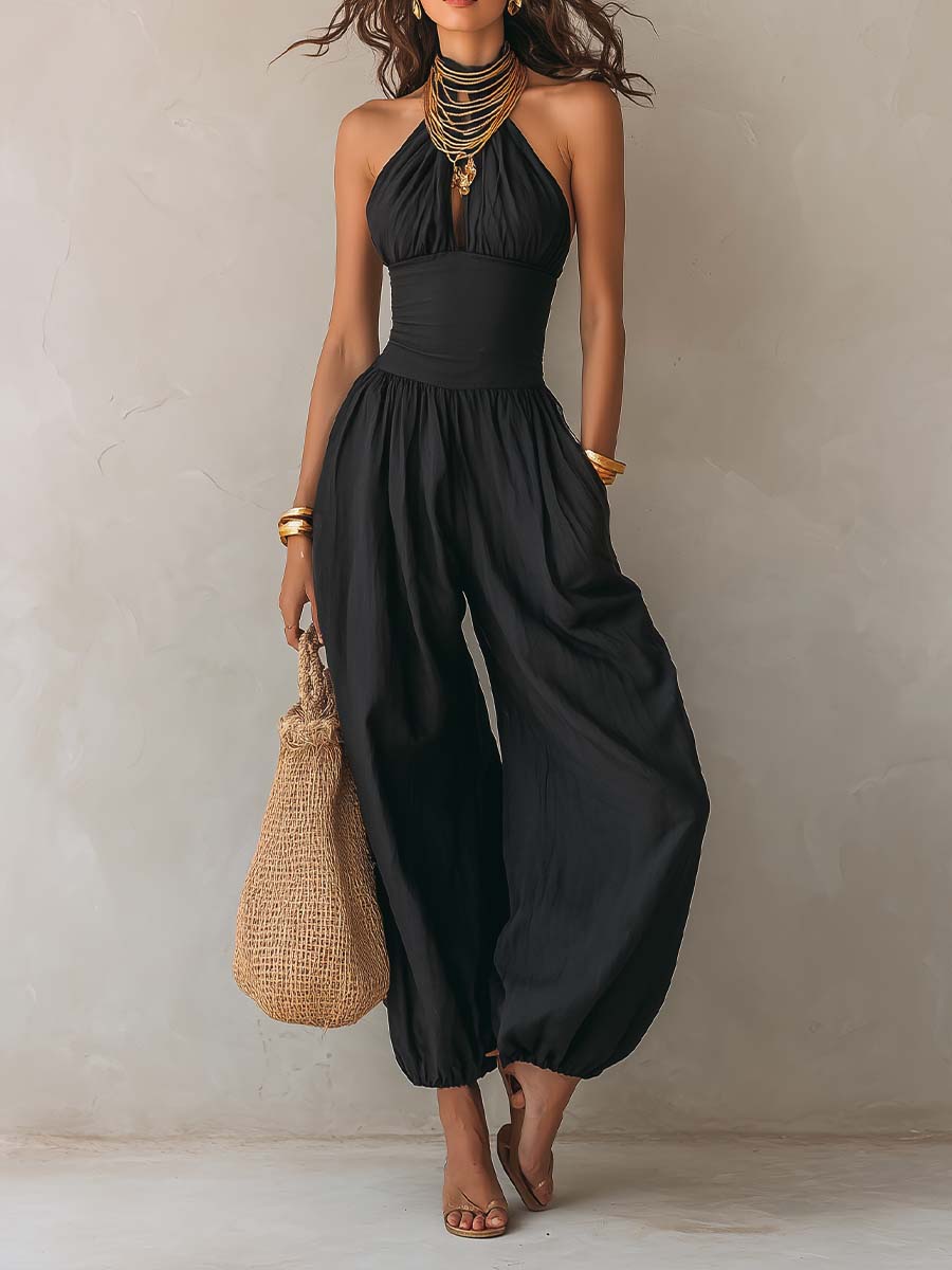 Lucy  - Sleeveless Draped Halter Jumpsuit Warm-Weather Styling