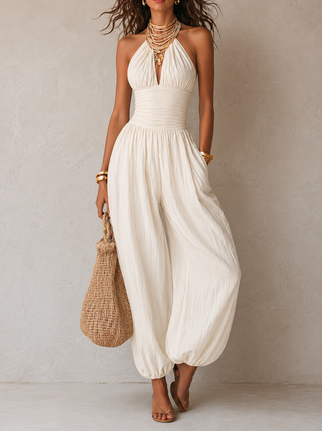Lucy  - Sleeveless Draped Halter Jumpsuit Warm-Weather Styling