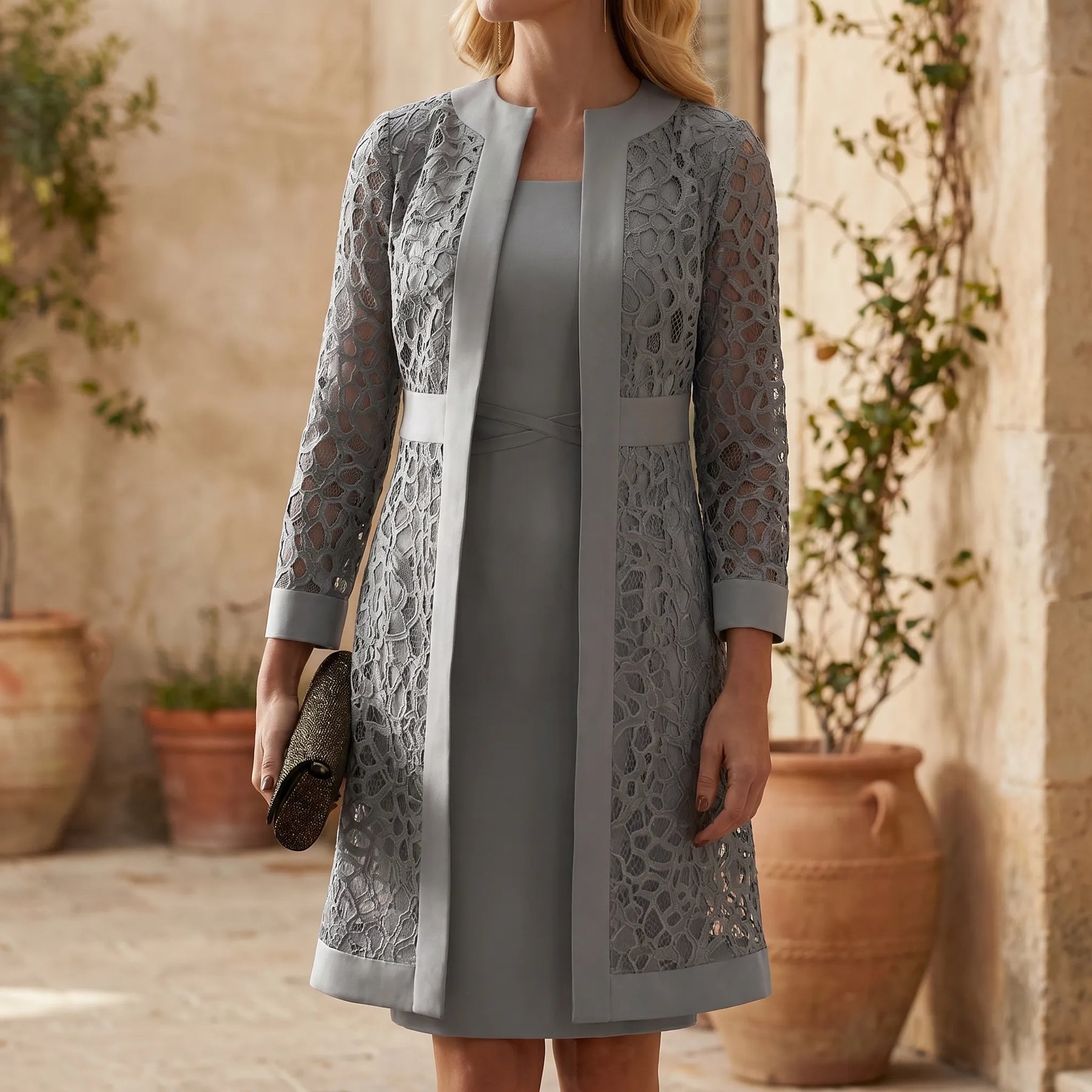 Two-Piece Dress Set - For Women - Patterned Overlay - Lined Interior - Standard Cut - Semi-Formal Style
