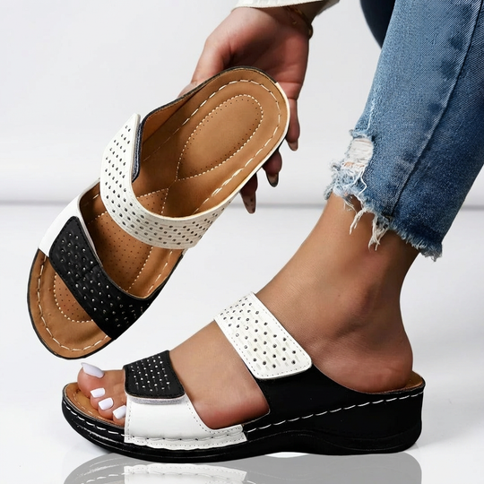 Mara - Adjustable Slip-On Sandals with Cushioned Sole-Women’s Sandals-Noble Wears-White and black-5-NW