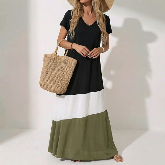 Briana - V-Neck Multi-Colored Maxi Dress with Natural Waistline