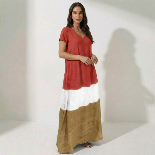 Briana - V-Neck Multi-Colored Maxi Dress with Natural Waistline