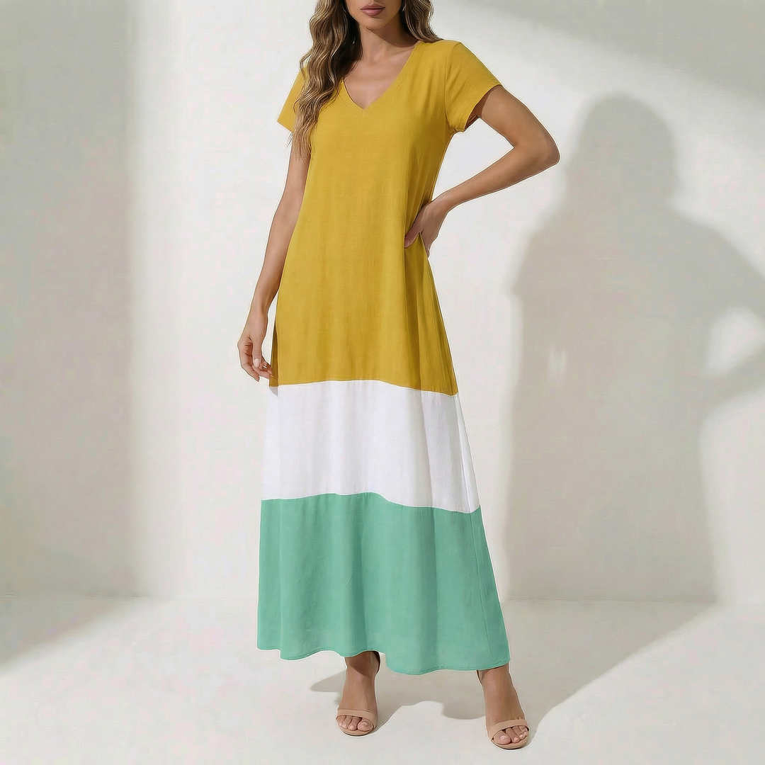 Briana - V-Neck Multi-Colored Maxi Dress with Natural Waistline