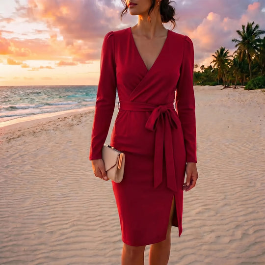 Melody  - V-Neck Fitted Knee-Length Dress