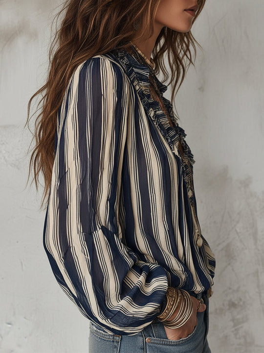Olive  - Striped Bohemian Long Sleeve Blouse 