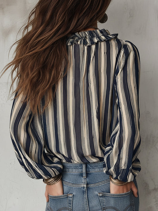 Olive  - Striped Bohemian Long Sleeve Blouse 