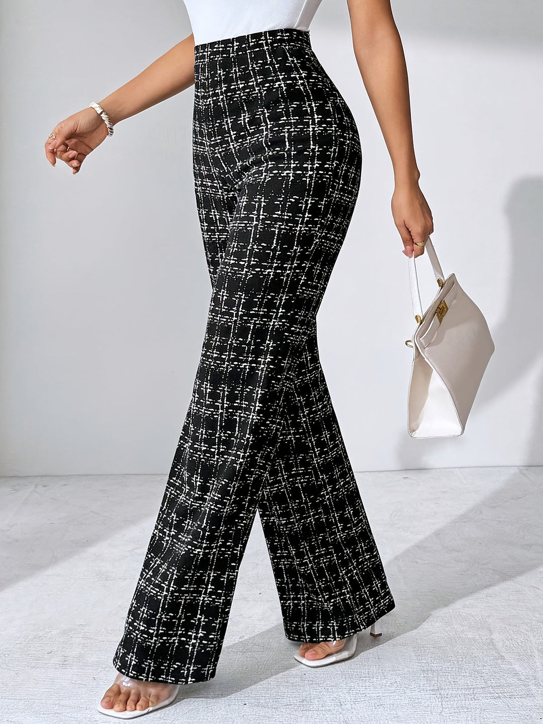 women flare pants in crosshatch pattern for casual wear 0