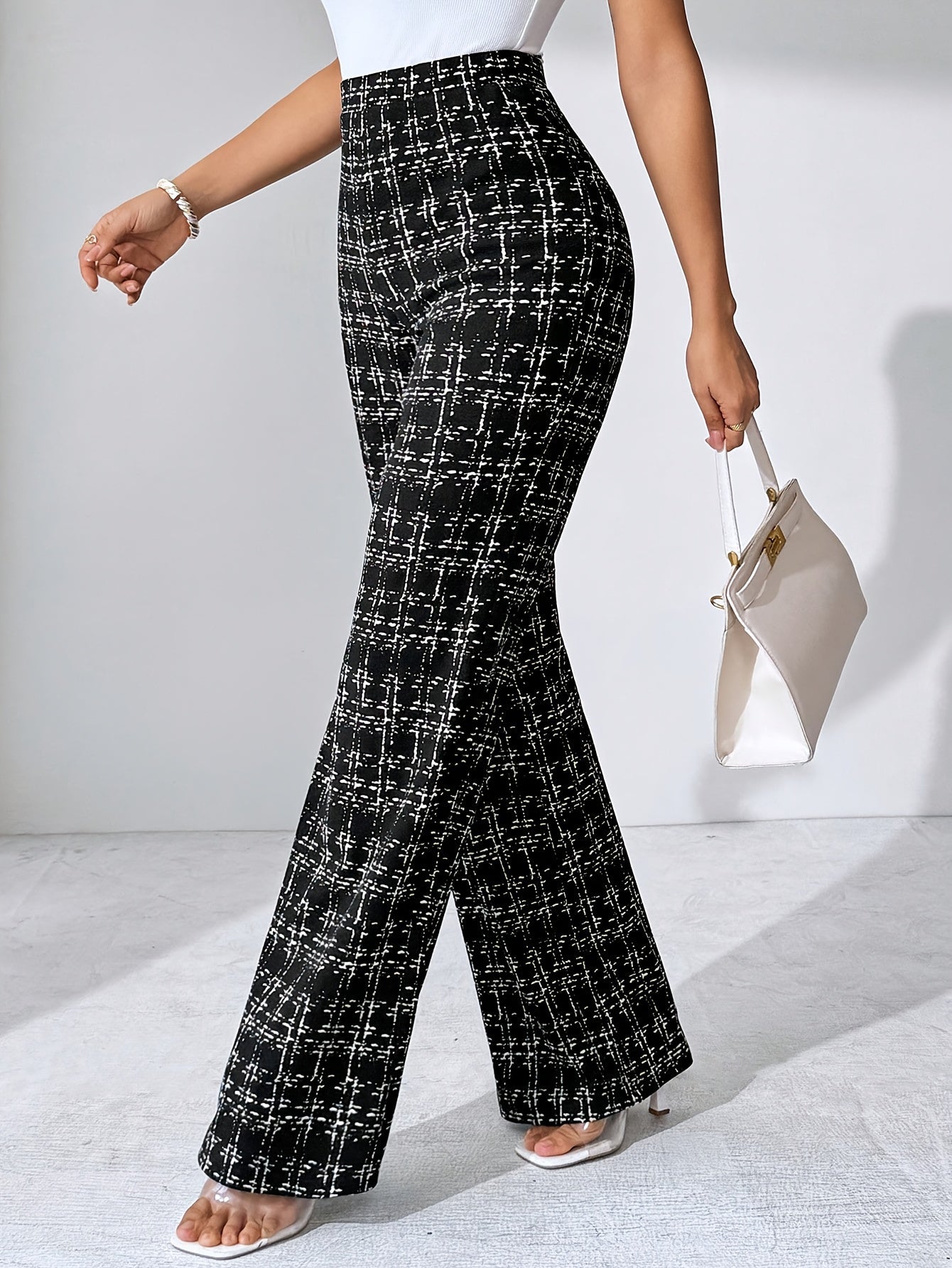 women flare pants in crosshatch pattern for casual wear 0