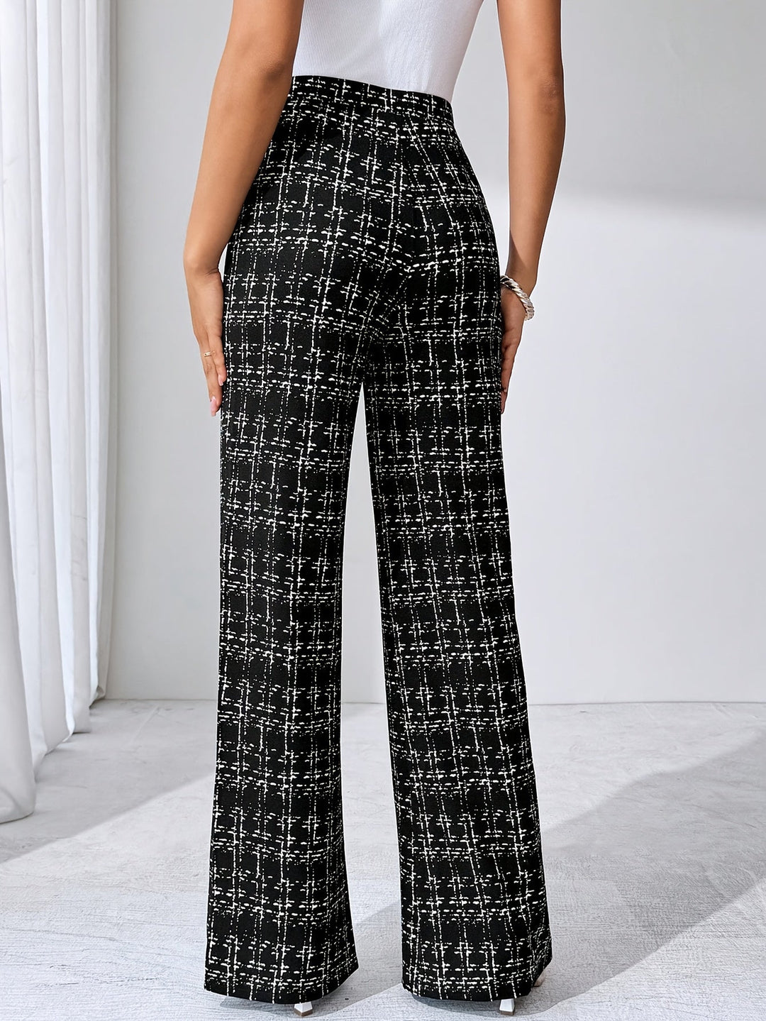 women flare pants in crosshatch pattern for casual wear 1