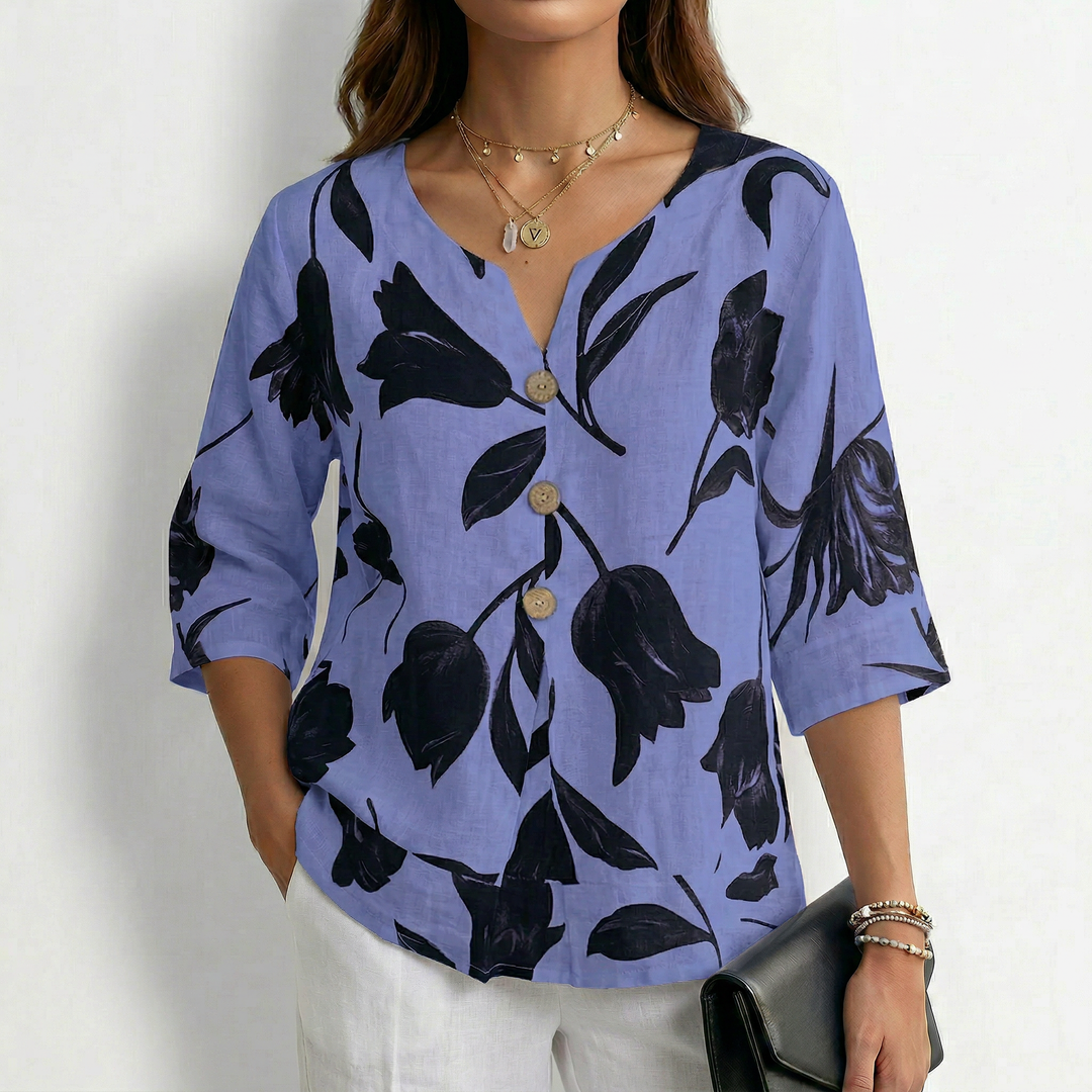 Sienna - Floral V-Neck Button Blouse-Women’s Tunic Top-Noble Wears-Blue-M (40-50KG)-NW