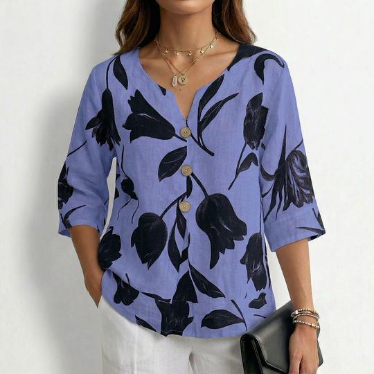 Sienna - Floral V-Neck Button Blouse-Women’s Tunic Top-Noble Wears-Blue-M (40-50KG)-NW