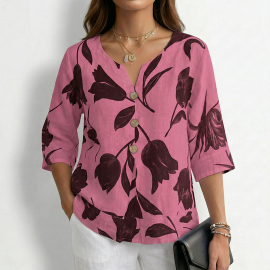 Sienna - Floral V-Neck Button Blouse-Women’s Tunic Top-Noble Wears-Pink-M (40-50KG)-NW
