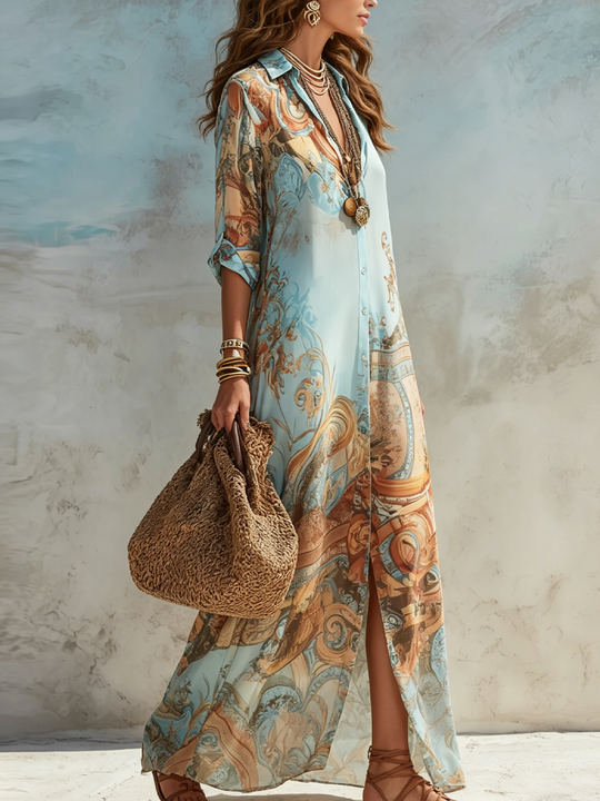 Raquel  - Mediterranean Maxi Shirt Dress 