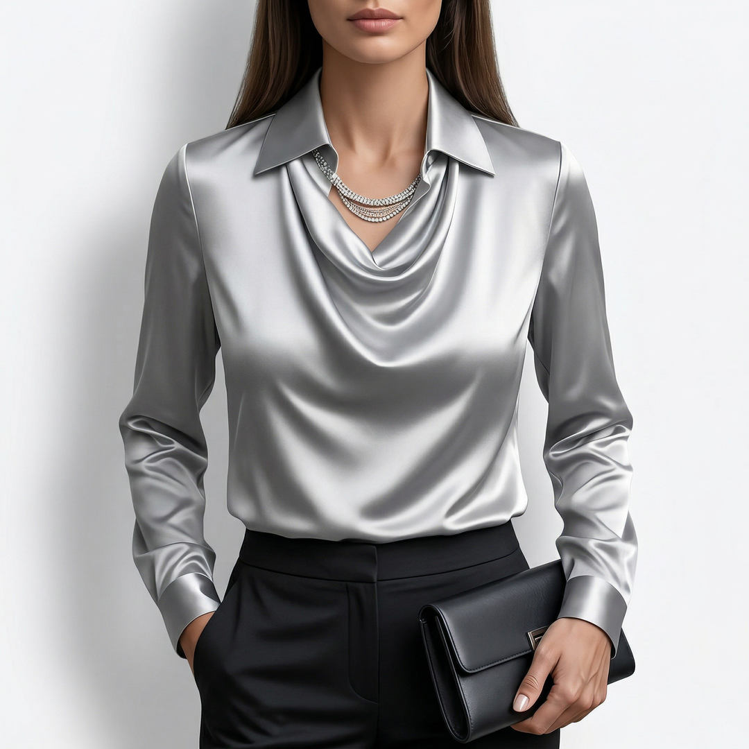 Ronna - Satin Cowl Neck Long Sleeve Blouse-Women’s Blouse-Noble Wears-Grey-S-NW