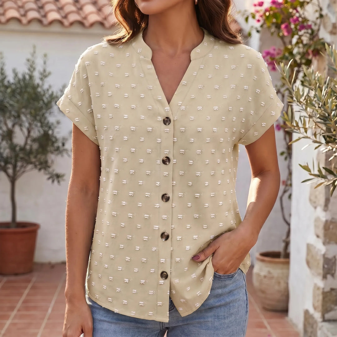 Tracey  - Button-Front V-Neck Short Sleeve Blouse