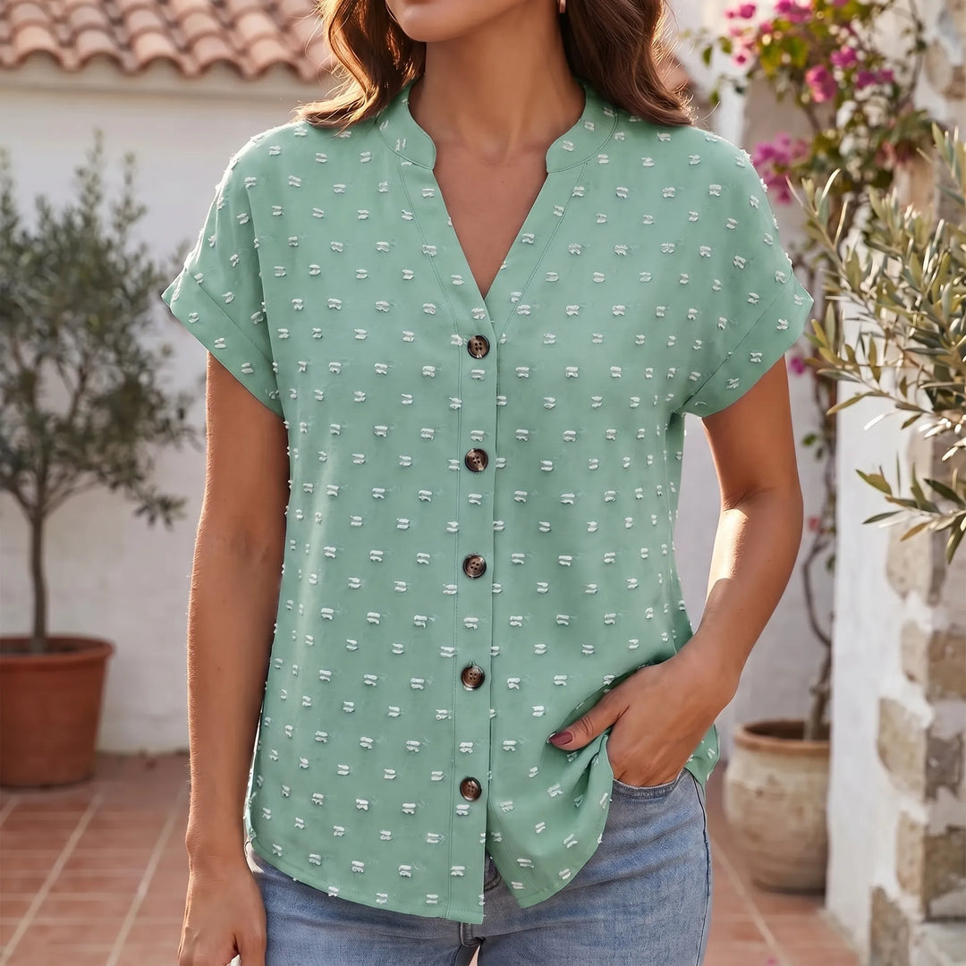 Tracey  - Button-Front V-Neck Short Sleeve Blouse