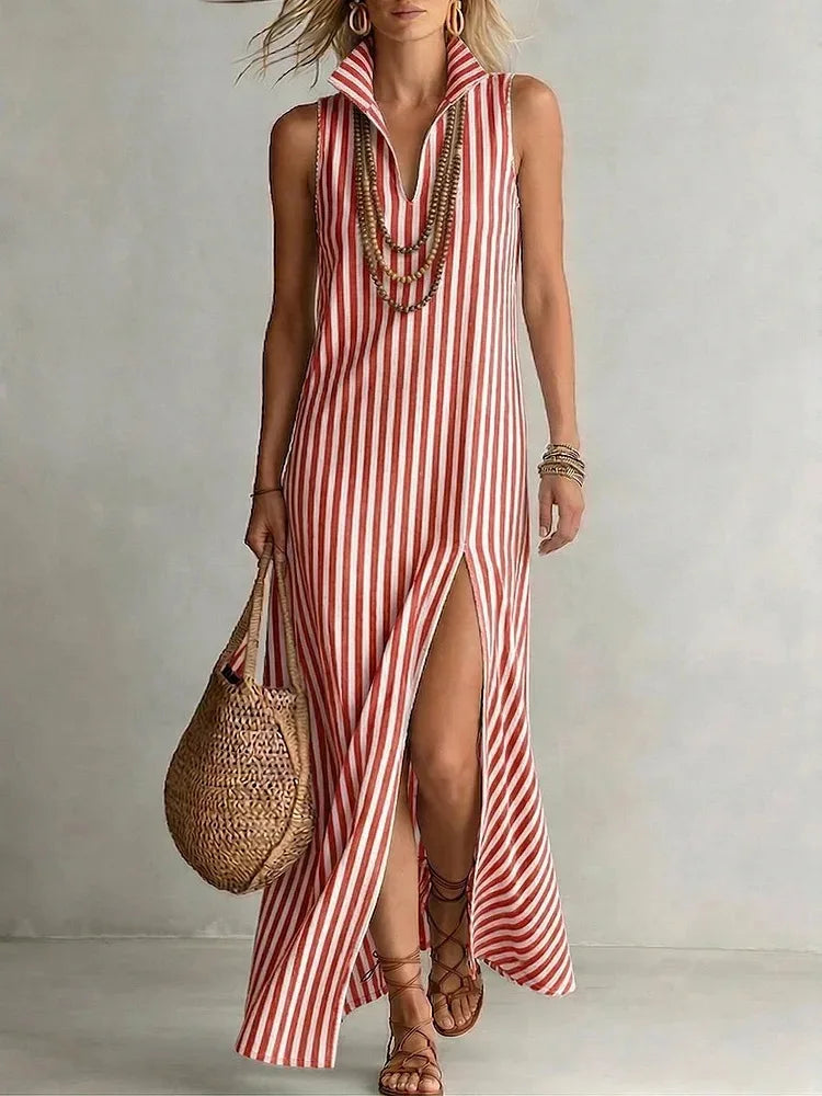 Valerie  - Striped Sleeveless Slit Maxi Dress 