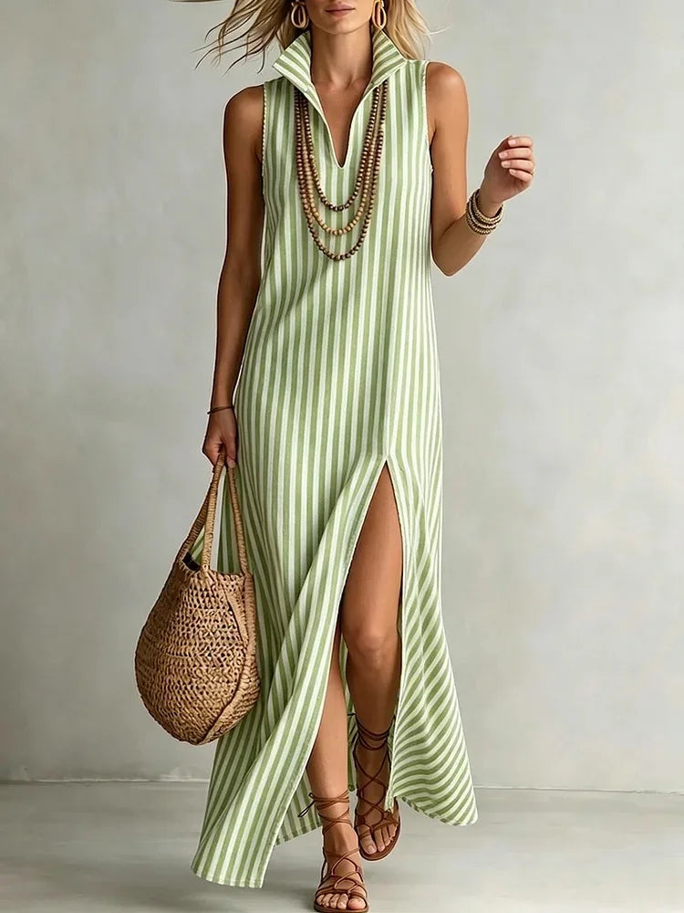 Valerie  - Striped Sleeveless Slit Maxi Dress 