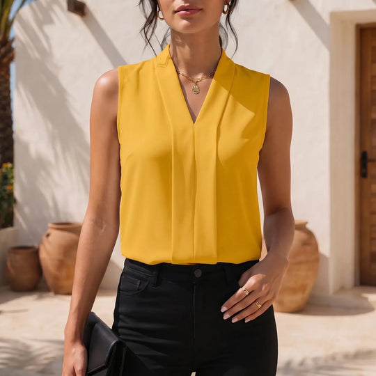 Vicky  - Sleeveless V-Neck Blouse With Pleated Front