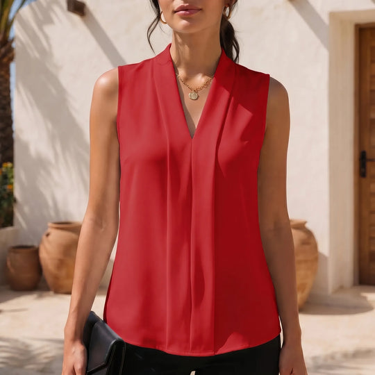 Vicky  - Sleeveless V-Neck Blouse With Pleated Front