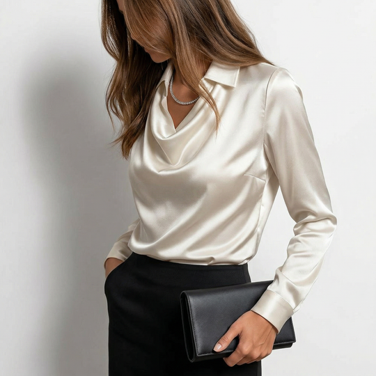 Ronna - Satin Cowl Neck Long Sleeve Blouse-Women’s Blouse-Noble Wears-Champagne-S-NW