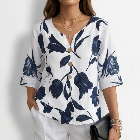 Sienna - Floral V-Neck Button Blouse-Women’s Tunic Top-Noble Wears-White-M (40-50KG)-NW