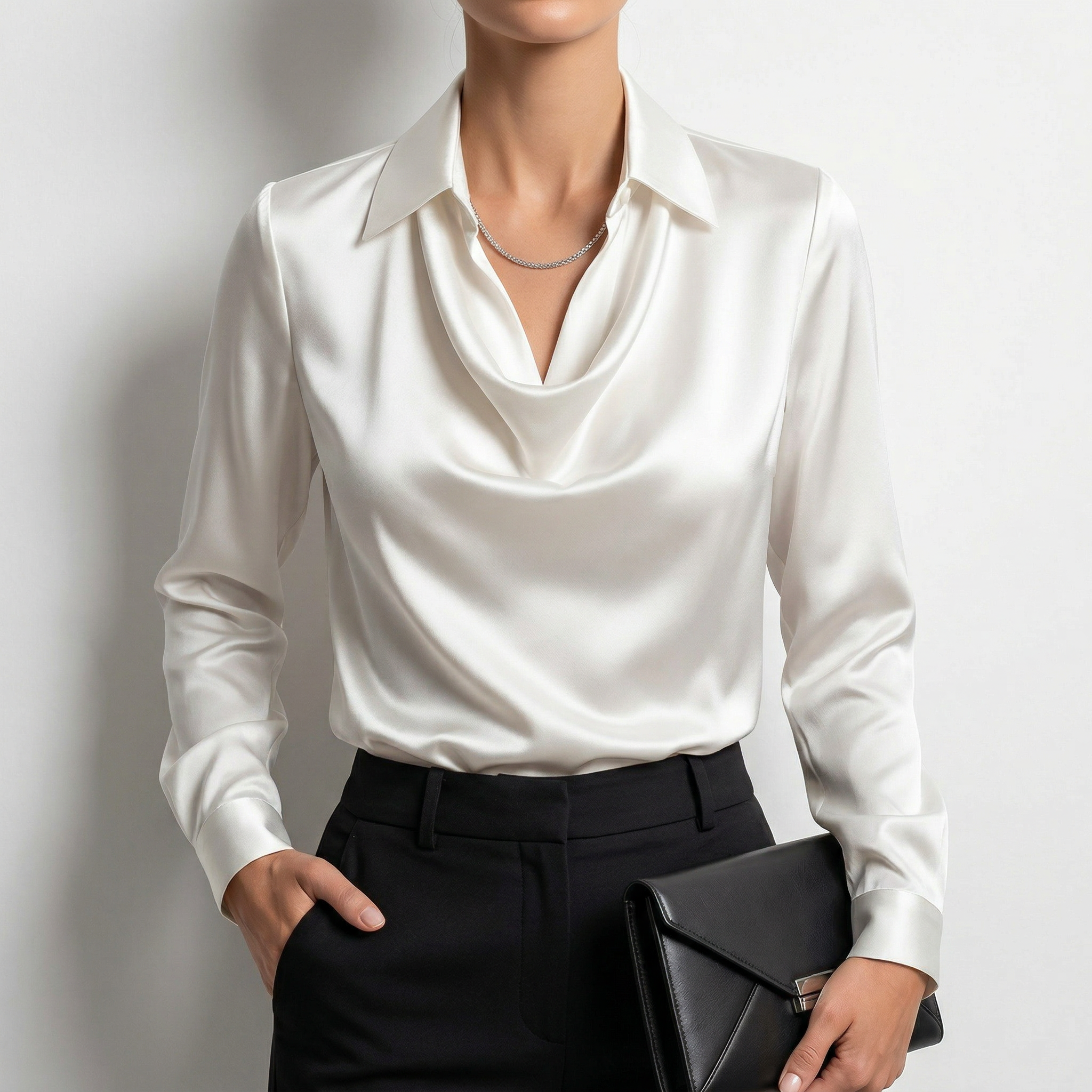 Ronna - Satin Cowl Neck Long Sleeve Blouse-Women’s Blouse-Noble Wears-White-S-NW