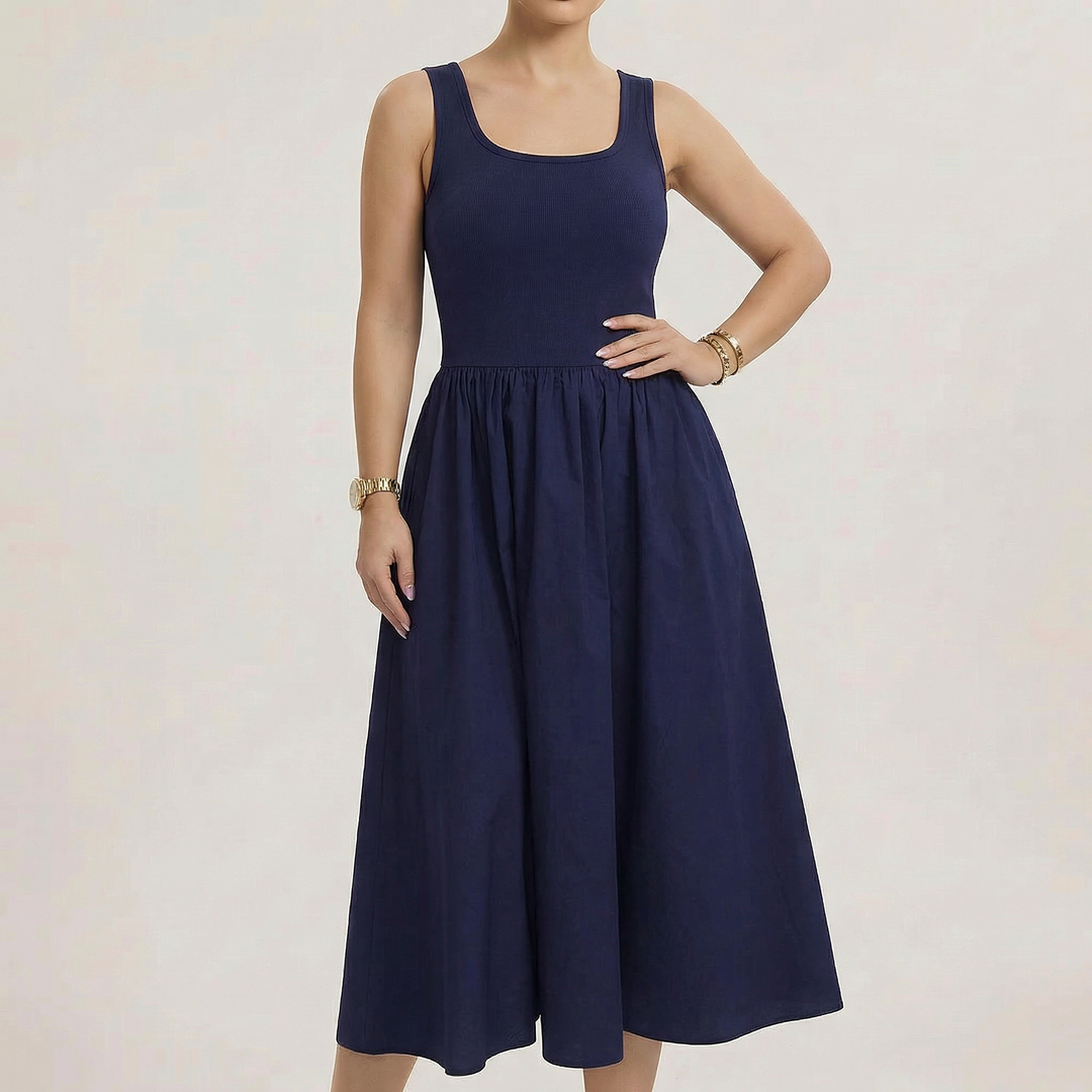 Fiona - Sleeveless Square Neck A-Line Midi Dress-Women’s Dress-Noble Wears-Dark Blue-S (40-50kg)-NW