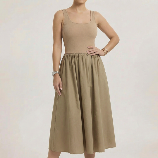 Fiona - Sleeveless Square Neck A-Line Midi Dress-Women’s Dress-Noble Wears-Khaki-S (40-50kg)-NW