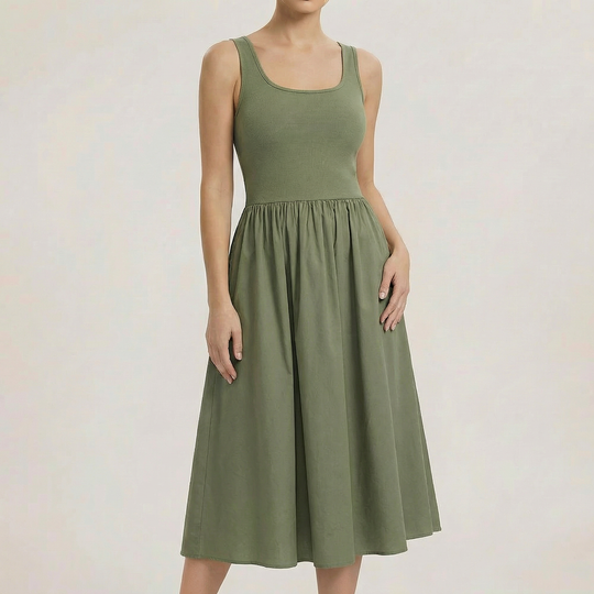 Fiona - Sleeveless Square Neck A-Line Midi Dress-Women’s Dress-Noble Wears-Green-S (40-50kg)-NW