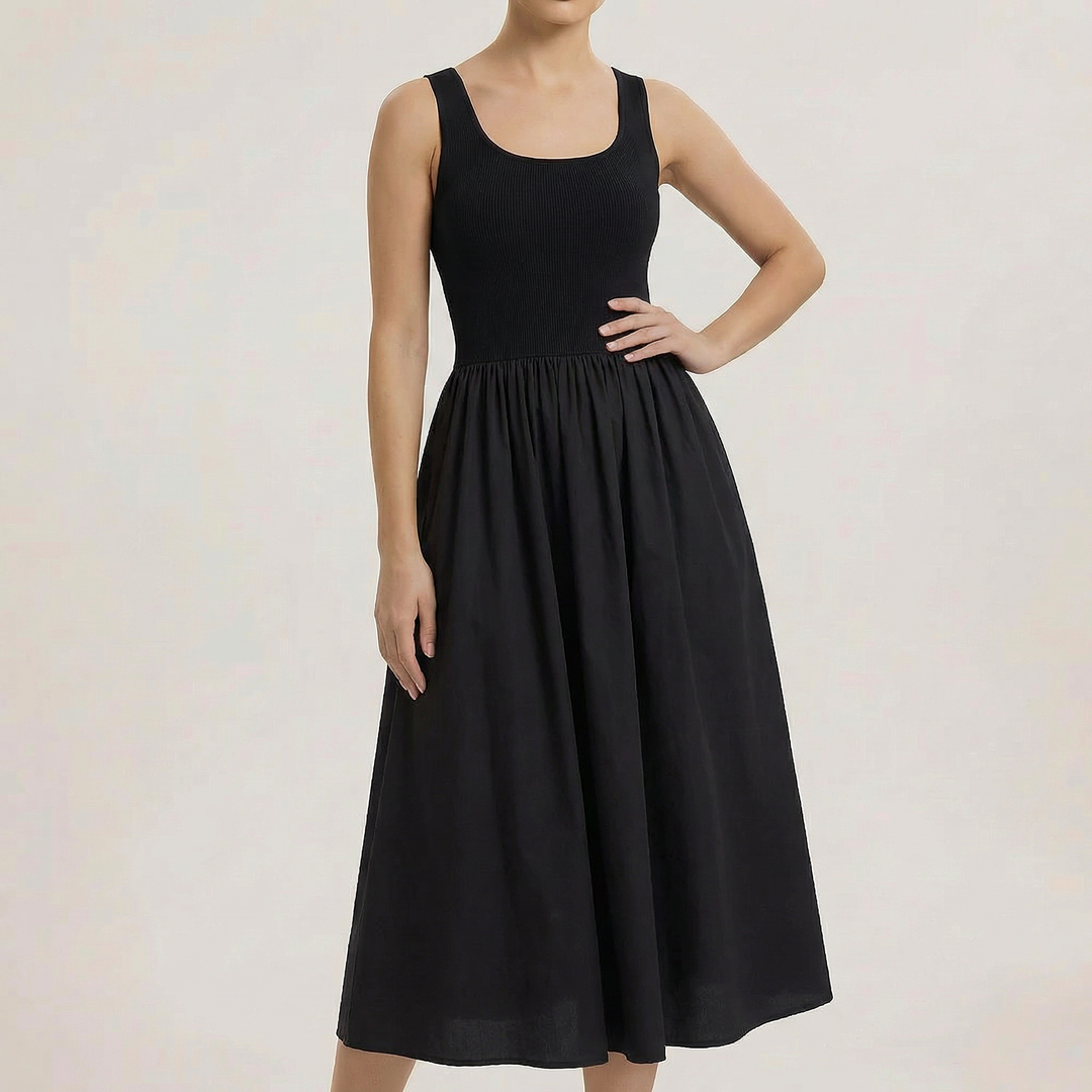 Fiona - Sleeveless Square Neck A-Line Midi Dress-Women’s Dress-Noble Wears-Black-S (40-50kg)-NW