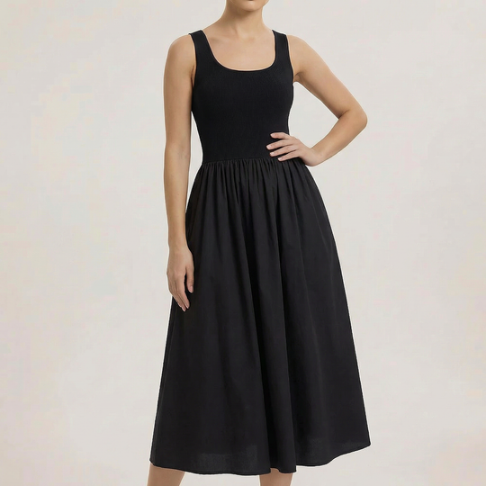 Fiona - Sleeveless Square Neck A-Line Midi Dress-Women’s Dress-Noble Wears-Black-S (40-50kg)-NW