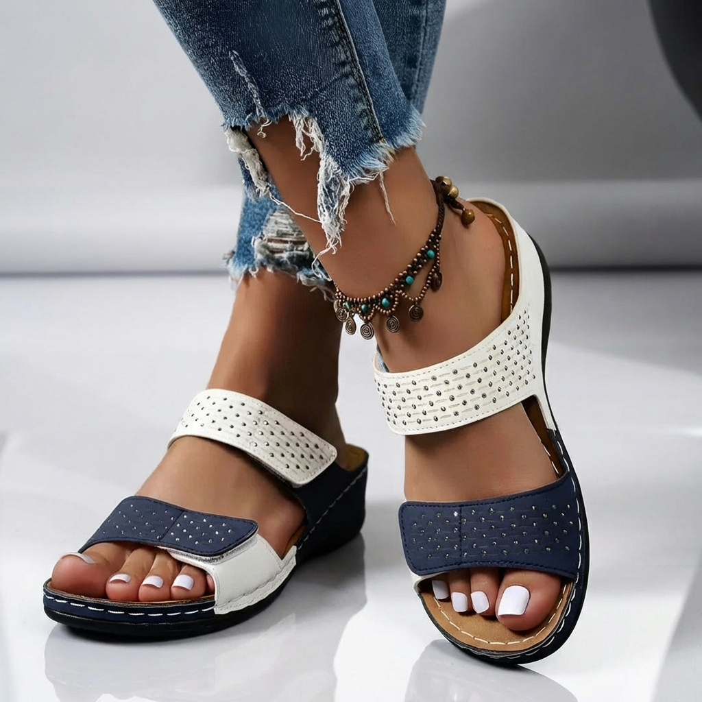 Mara - Adjustable Slip-On Sandals with Cushioned Sole-Women’s Sandals-Noble Wears-White and blue-5-NW
