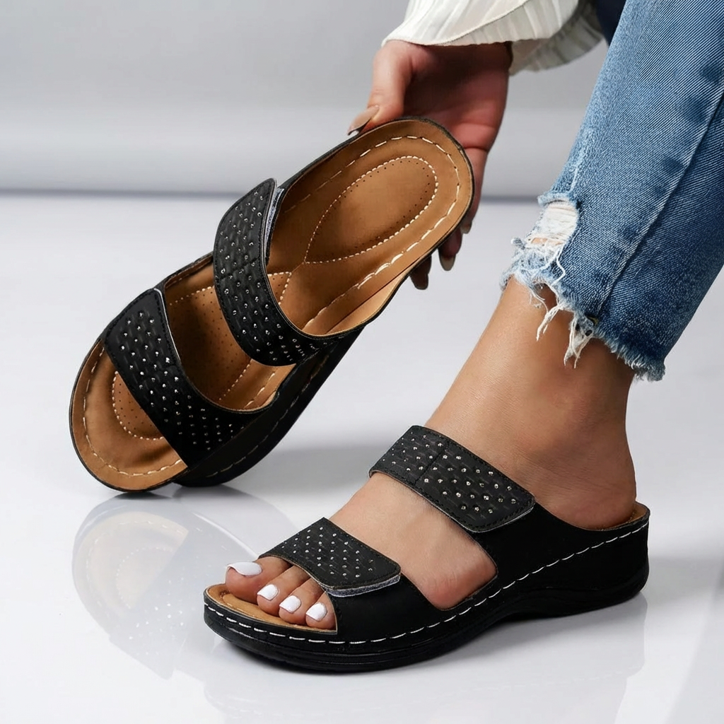 Mara - Adjustable Slip-On Sandals with Cushioned Sole-Women’s Sandals-Noble Wears-Black-5-NW